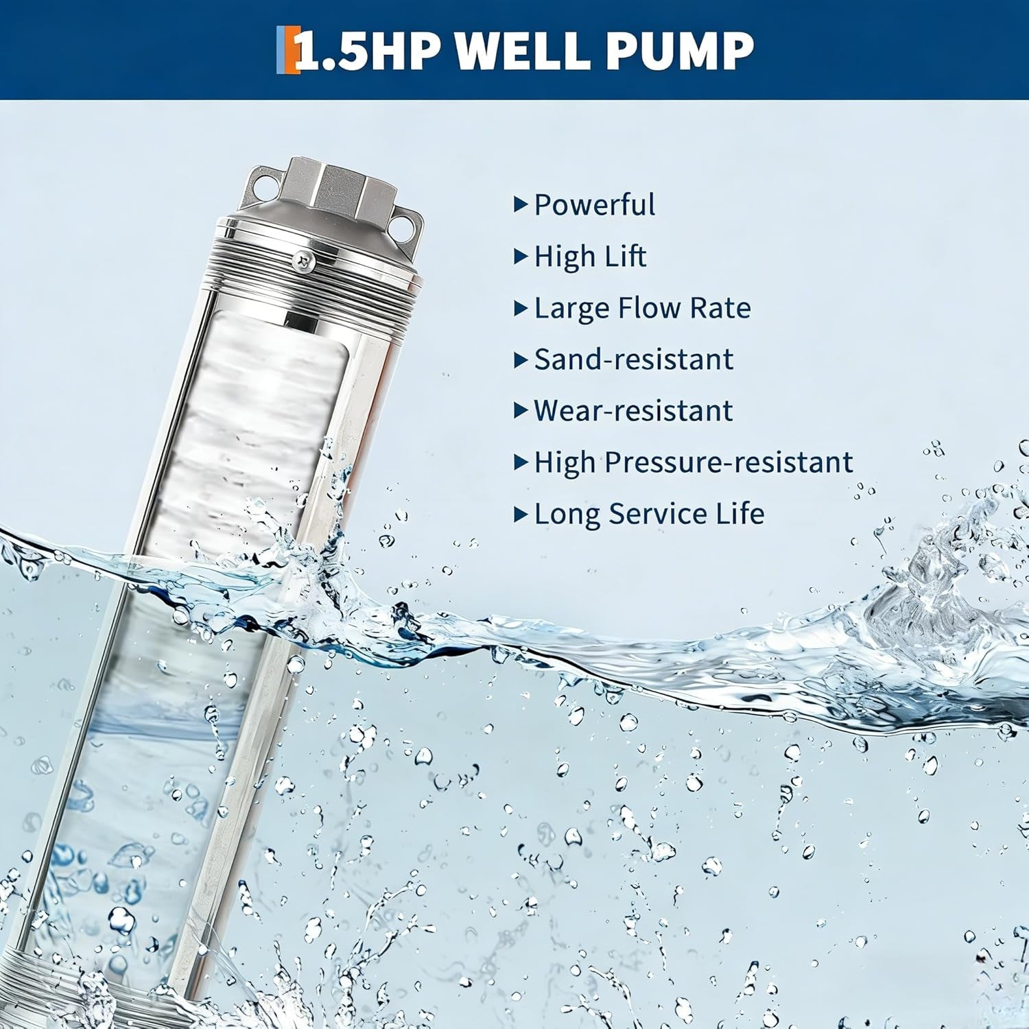 Deep Well Submersible Pump, 1.5HP 230V/60Hz, 27GPM Flow 259Ft Head, with 33Ft Electric Cord & Check Valve, 4" Stainless Steel Water Well Pump for Industrial,Irrigation,Home Use, IP68 Waterproof Grade