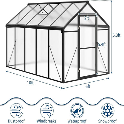 6X10 FT Greenhouse for Outdoors, Polycarbonate Flower Greenhouse with Roof Vent, Push-Pull Lockable Door, Aluminum Walk-In Greenhouses for outside Garden Backyard, Patio, Lawn, Black