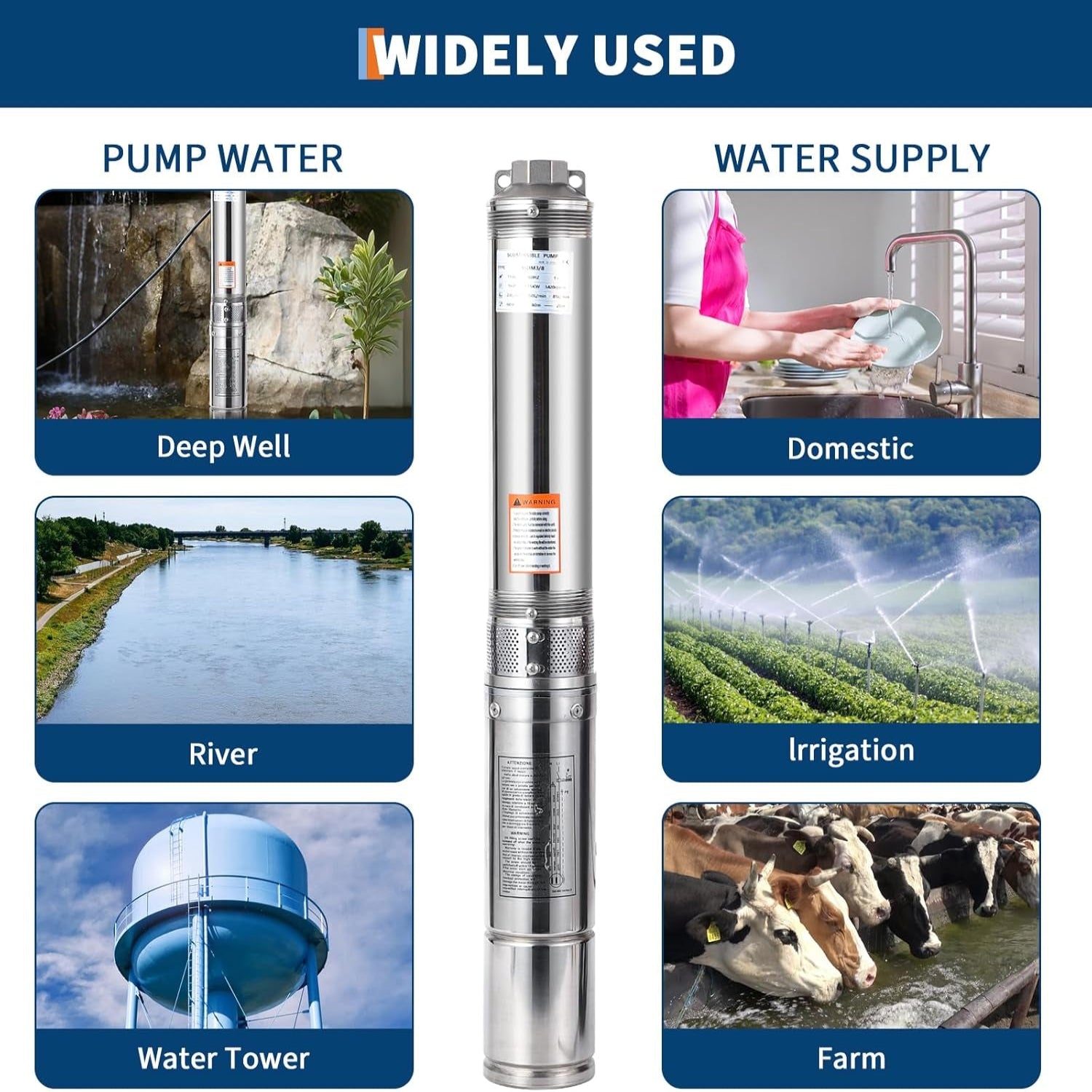 Deep Well Submersible Pump, 1.5HP 230V/60Hz, 27GPM Flow 259Ft Head, with 33Ft Electric Cord & Check Valve, 4" Stainless Steel Water Well Pump for Industrial,Irrigation,Home Use, IP68 Waterproof Grade
