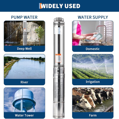 Deep Well Submersible Pump, 1.5HP 230V/60Hz, 27GPM Flow 259Ft Head, with 33Ft Electric Cord & Check Valve, 4" Stainless Steel Water Well Pump for Industrial,Irrigation,Home Use, IP68 Waterproof Grade