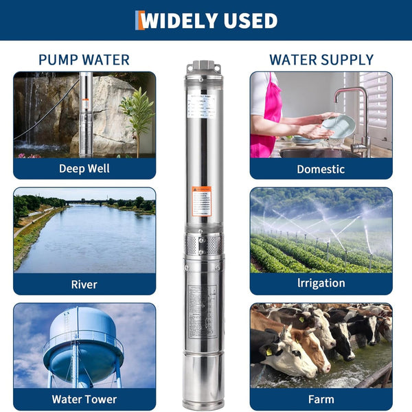 Deep Well Submersible Pump, 1.5HP 230V/60Hz, 27GPM Flow 259Ft Head, with 33Ft Electric Cord & Check Valve, 4" Stainless Steel Water Well Pump for Industrial,Irrigation,Home Use, IP68 Waterproof Grade