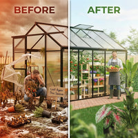 6X10 FT Greenhouse for Outdoors, Polycarbonate Greenhouse with Roof Vent, Ground Nails, Lockable Push Door, Aluminum Large Walk-In Green House for outside Garden Backyard, Patio, Lawn, Black — Before & After