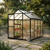 6X10 FT Greenhouse for Outdoors, Polycarbonate Greenhouse with Roof Vent, Ground Nails, Lockable Push Door, Aluminum Large Walk-In Green House for outside Garden Backyard, Patio, Lawn, Black — Studio Shot