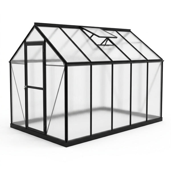 6X10 FT Greenhouse for Outdoors, Polycarbonate Greenhouse with Roof Vent, Ground Nails, Lockable Push Door, Aluminum Large Walk-In Green House for outside Garden Backyard, Patio, Lawn, Black — Studio Shot