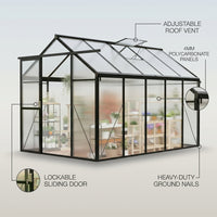 6X10 FT Greenhouse for Outdoors, Polycarbonate Greenhouse with Roof Vent, Ground Nails, Lockable Push Door, Aluminum Large Walk-In Green House for outside Garden Backyard, Patio, Lawn, Black — infographic