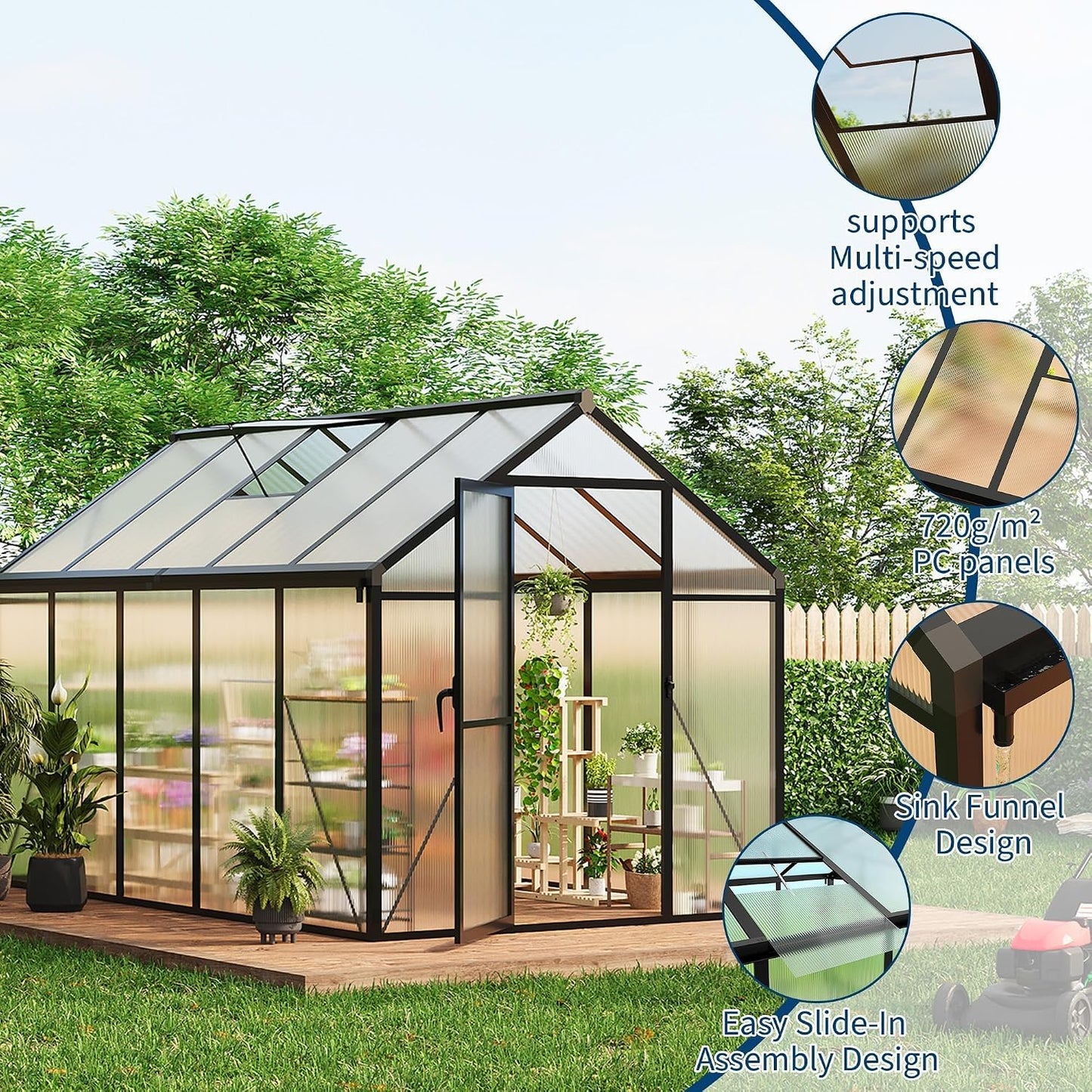 6X10 FT Greenhouse for Outdoors, Polycarbonate Flower Greenhouse with Roof Vent, Push-Pull Lockable Door, Aluminum Walk-In Greenhouses for outside Garden Backyard, Patio, Lawn, Black