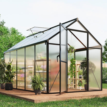 6X10 FT Greenhouse for Outdoors, Polycarbonate Flower Greenhouse with Roof Vent, Push-Pull Lockable Door, Aluminum Walk-In Greenhouses for outside Garden Backyard, Patio, Lawn, Black