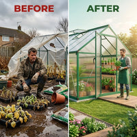 8X12 FT Greenhouse for Outdoors, Polycarbonate Greenhouse with Roof Vent, Ground Nails, Lockable Push Door, Aluminum Large Walk-In Green House for outside Garden Backyard, Patio, Lawn, Green — Before & After