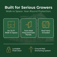 8X12 FT Greenhouse for Outdoors, Polycarbonate Greenhouse with Roof Vent, Ground Nails, Lockable Push Door, Aluminum Large Walk-In Green House for outside Garden Backyard, Patio, Lawn, Green — Results & Stats
