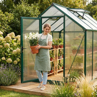 8X12 FT Greenhouse for Outdoors, Polycarbonate Greenhouse with Roof Vent, Ground Nails, Lockable Push Door, Aluminum Large Walk-In Green House for outside Garden Backyard, Patio, Lawn, Green — Lifestyle