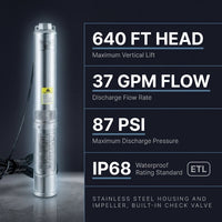 Deep Well Submersible Pump, 3HP/2200W 230V/60Hz, 37GPM Flow 640 Ft. Head, with 33 Ft. Electric Cord, 4 In. Water Pumps — Results & Stats