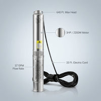 Deep Well Submersible Pump, 3HP/2200W 230V/60Hz, 37GPM Flow 640 Ft. Head, with 33 Ft. Electric Cord, 4 In. Water Pumps — infographic