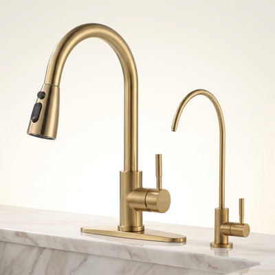 Kitchen Faucet Water Filter Combo Built for Reverse Osmosis Systems, Stainless Steel, Brushed Gold, Pull-Down