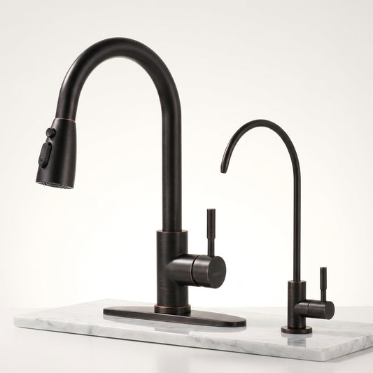 Kitchen Faucet and Water Filter Faucet Combo,  Stainless Steel Kitchen Sink Faucet with Drinking Water Faucet for Reverse Osmosis or Water Filtration System, Oil-Rubbed Bronze — Studio Shot