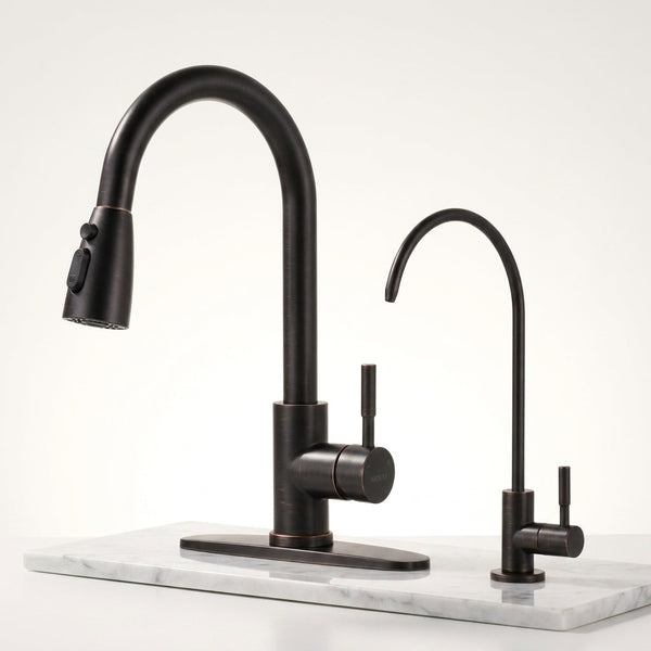Kitchen Faucet and Water Filter Faucet Combo,  Stainless Steel Kitchen Sink Faucet with Drinking Water Faucet for Reverse Osmosis or Water Filtration System, Oil-Rubbed Bronze — Studio Shot