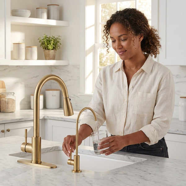 Kitchen Faucet Water Filter Combo Built for Reverse Osmosis Systems, Stainless Steel, Brushed Gold, Pull-Down