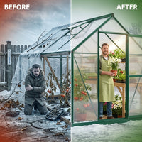 Polycarbonate Greenhouse Built for Year-Round Growing, 8x12 FT, Aluminum Frame, Roof Vent, Lockable Door — Before & After