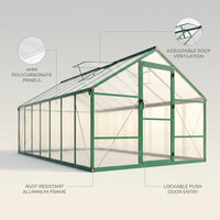 Polycarbonate Greenhouse Built for Year-Round Growing, 8x12 FT, Aluminum Frame, Roof Vent, Lockable Door — infographic