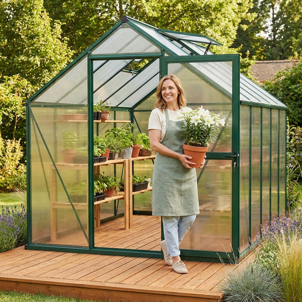Polycarbonate Greenhouse Built for Year-Round Growing, 8x12 FT, Aluminum Frame, Roof Vent, Lockable Door