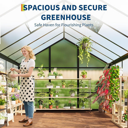 6X10 FT Greenhouse for Outdoors, Polycarbonate Flower Greenhouse with Roof Vent, Push-Pull Lockable Door, Aluminum Walk-In Greenhouses for outside Garden Backyard, Patio, Lawn, Black