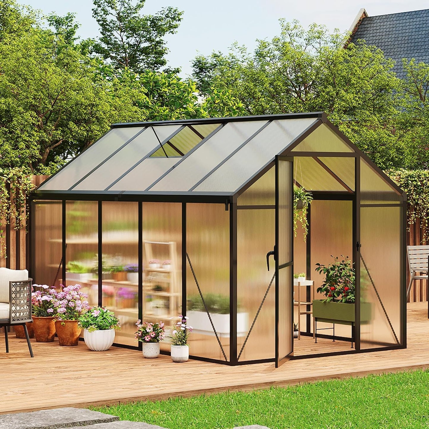 6X10 FT Greenhouse for Outdoors, Polycarbonate Flower Greenhouse with Roof Vent, Push-Pull Lockable Door, Aluminum Walk-In Greenhouses for outside Garden Backyard, Patio, Lawn, Black