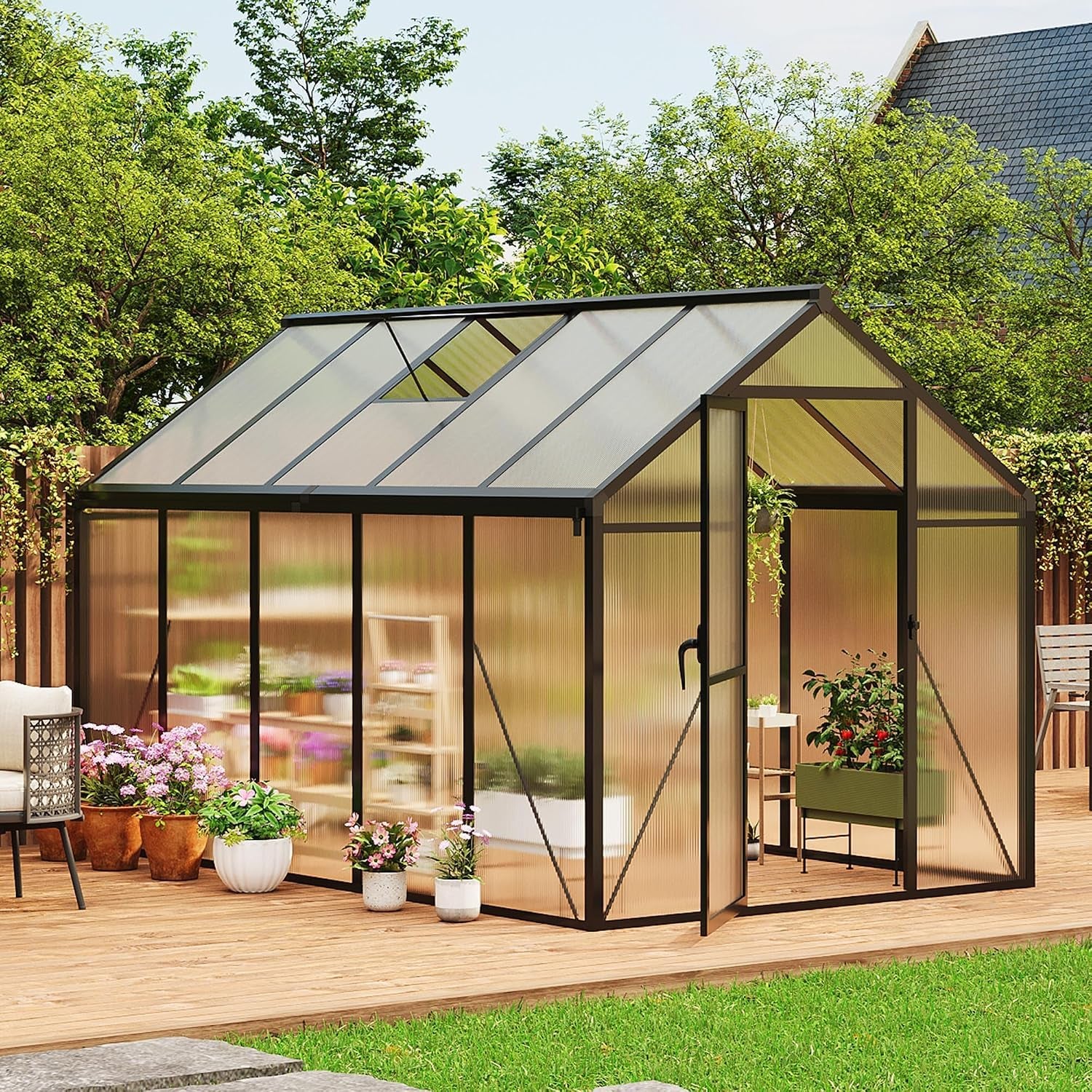 6X10 FT Greenhouse for Outdoors, Polycarbonate Flower Greenhouse with Roof Vent, Push-Pull Lockable Door, Aluminum Walk-In Greenhouses for outside Garden Backyard, Patio, Lawn, Black