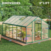 8X12 FT Greenhouse for Outdoors, Polycarbonate Greenhouse with Roof Vent, Ground Nails, Lockable Push Door, Aluminum Large Walk-In Green House for outside Garden Backyard, Patio, Lawn, Green