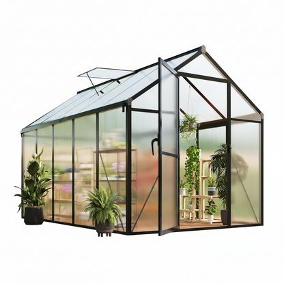 6X10 FT Greenhouse for Outdoors, Polycarbonate Flower Greenhouse with Roof Vent, Push-Pull Lockable Door, Aluminum Walk-In Greenhouses for outside Garden Backyard, Patio, Lawn, Black