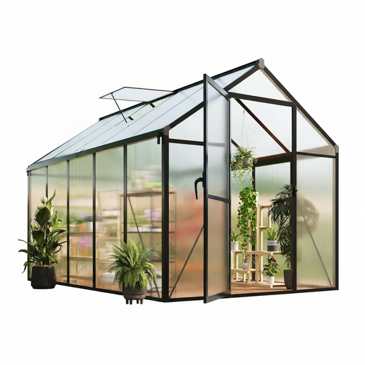 6X10 FT Greenhouse for Outdoors, Polycarbonate Flower Greenhouse with Roof Vent, Push-Pull Lockable Door, Aluminum Walk-In Greenhouses for outside Garden Backyard, Patio, Lawn, Black