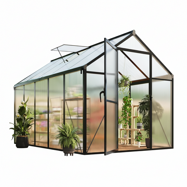 6X10 FT Greenhouse for Outdoors, Polycarbonate Flower Greenhouse with Roof Vent, Push-Pull Lockable Door, Aluminum Walk-In Greenhouses for outside Garden Backyard, Patio, Lawn, Black